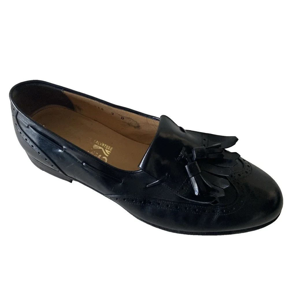 SALVATORE FERRAGAMO Lucas Leather Kiltie Tassel Loafer Dress Shoe Black 9 D